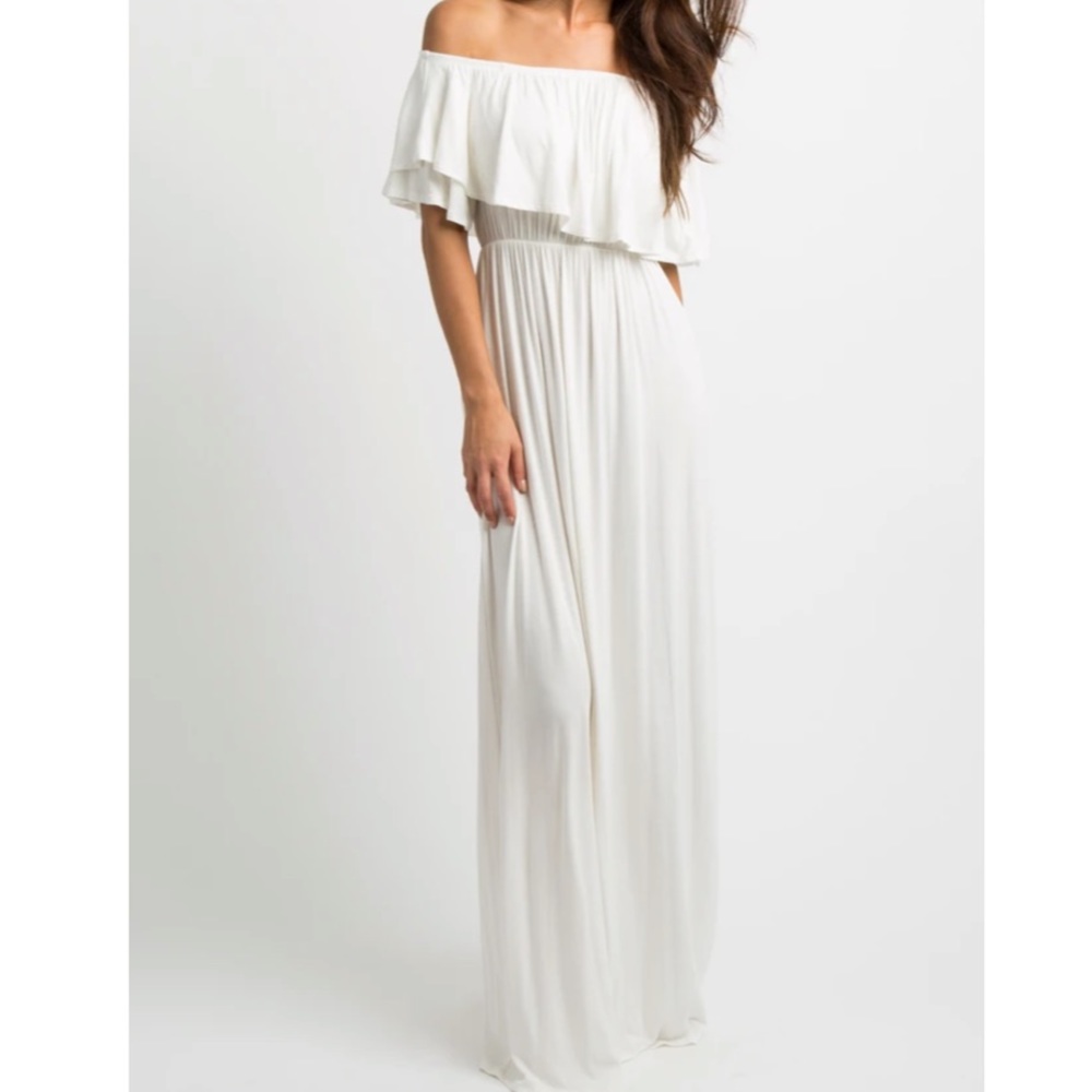 Pink Blush | Ivory Off Shoulder Ruffle Trim Maxi Dress
